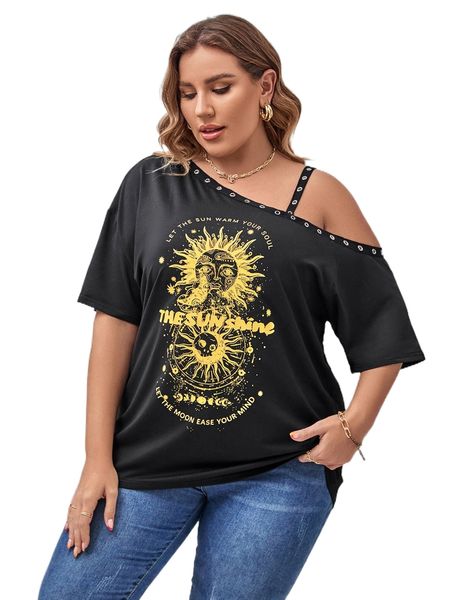 

plus sun & slogan graphic asymmetrical neck grommet eyelet tee p2zz#, Black