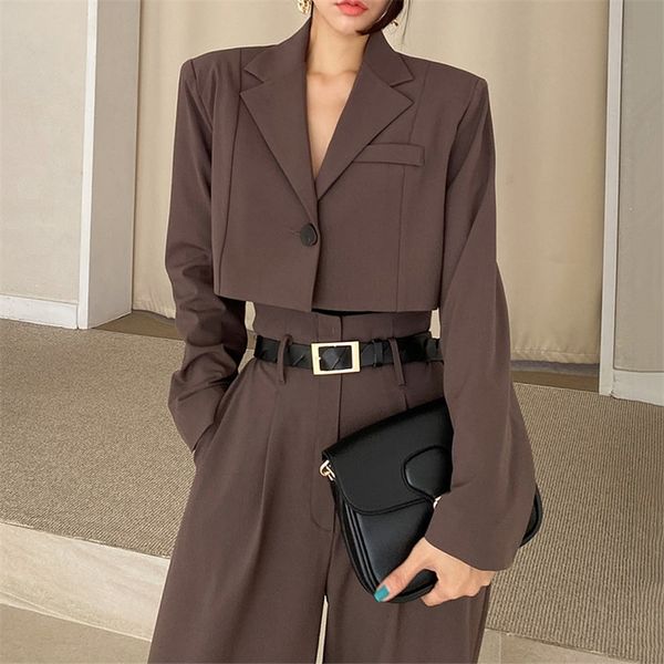 

office lady blazer suits vintage two piece set women long sleeve short blazer high waist wide leg long pants 2 piece outfits 220712, White