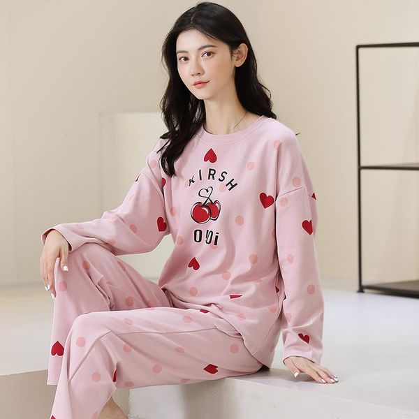

autumn cotton women sleepwear long sleeve round neck print womens pajamas set leisure soft comfortable female nightwear, Black;red