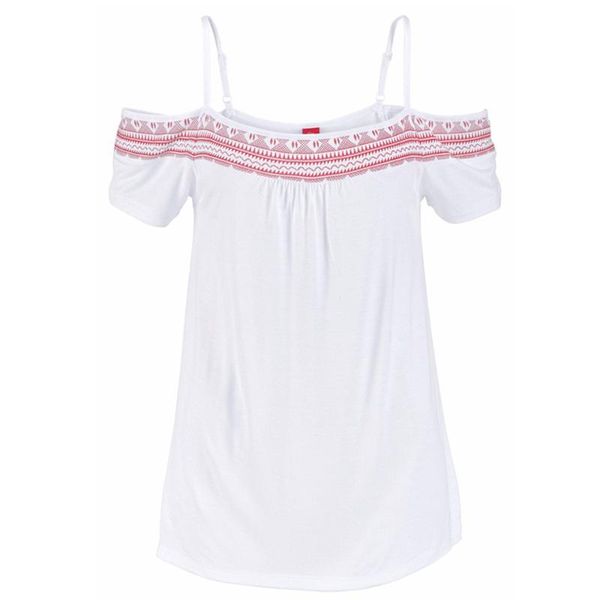 

women's blouses & shirts 2022 beach style women and summer adjustable spaghetti straps carmen neckline cold shoulder print blouse, White