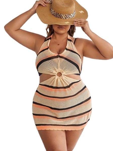 

plus striped tie backless cut out halter cover up without bikini m9m1#, Black