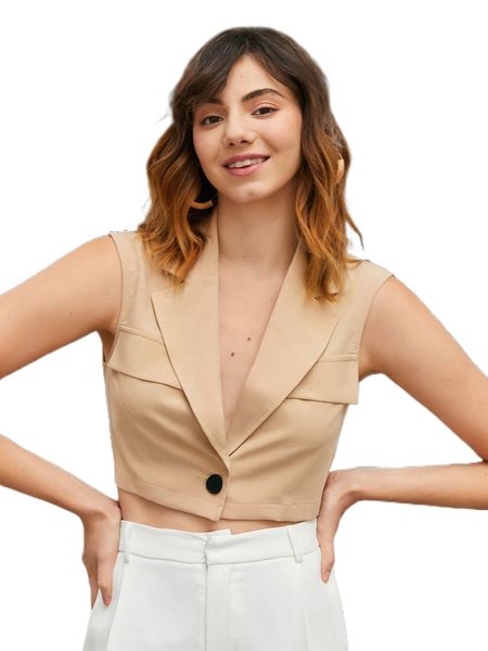 

solid single button lapel neck crop blouse m3cc#, White