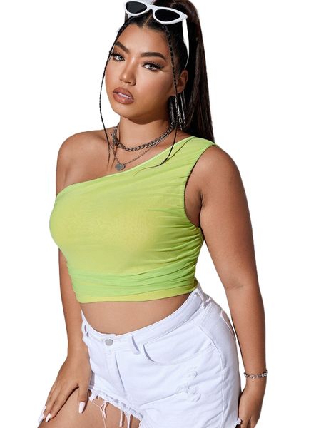 

plus one shoulder mesh crop l5r8#, Black