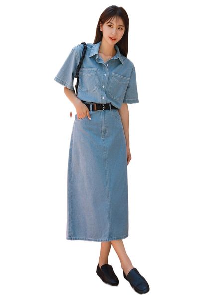 

dazy dual pocket drop shoulder denim coat & split back skirt without belt o3ru#, White