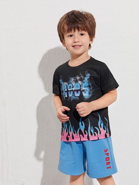 

toddler boys letter and fire print & shorts set she, White