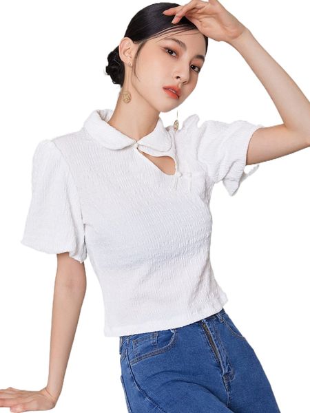 

dazy cut out mandarin collar puff sleeve blouse s9r1#, White