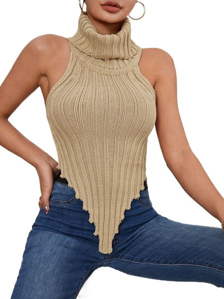 

high neck backless asymmetrical hem knit h1gd#, White;black