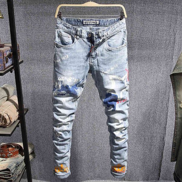 

men's jeans high street fashion brand men's jeans light color washed print slim fit micro elastic hip-hop denim pants men s1y5, Blue