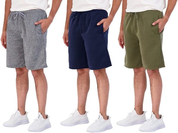 

essentials 3 pack: men's 9" fleece casual lounge athletic shorts-regular & big-tall sizes m4ln#, White;black