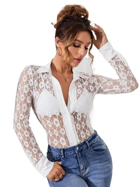 

button front floral lace blouse without bra c5qx#, White