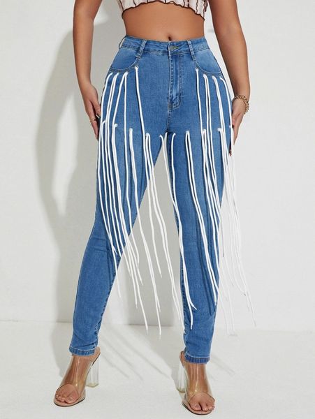 

grommet eyelet detail strappy detail skinny jeans u1uk#, Blue