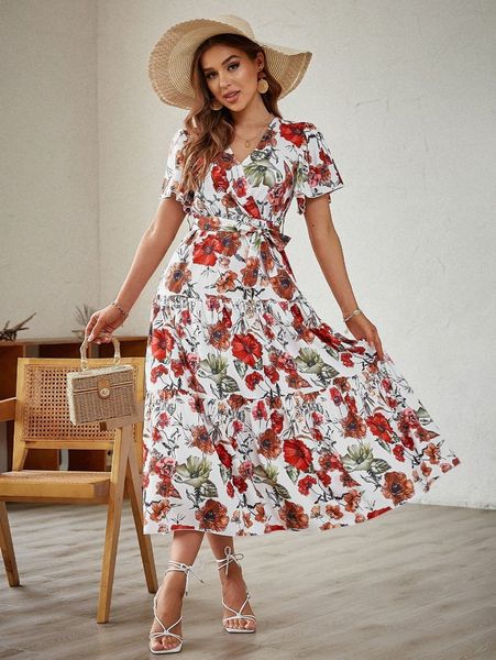 

simplee allover floral print belted ruffle hem dress i6ip#, Black;gray