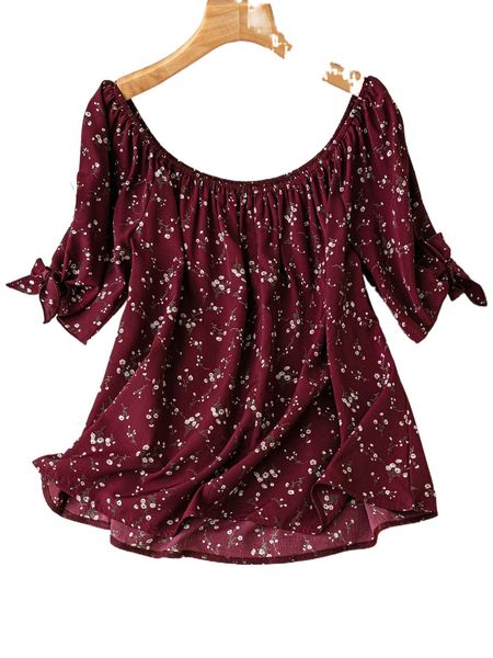 

plus floral print knot cuff blouse k7rx#, Black