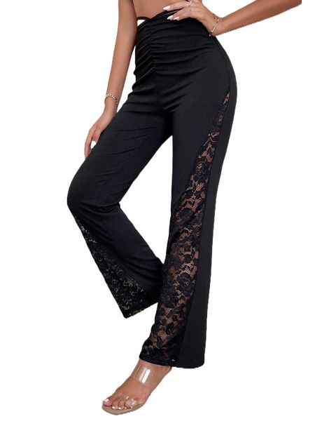 

contrast lace ruched flare leg pants 46gn#, Black;white
