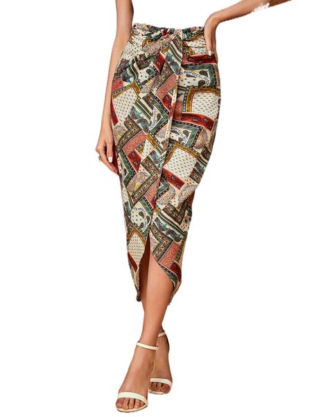 

draped front patchwork print skirt o2l8#, Black
