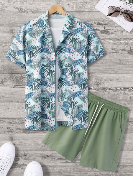 

men random tropical print shirt & drawstring waist shorts without tee 61bo#, Gray