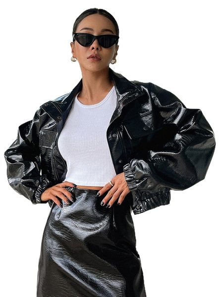 

dazy flap pockets snap button front pu jacket f9ec#, Black;brown