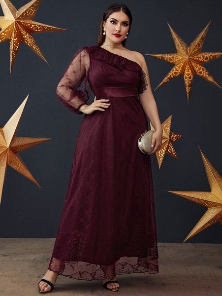 

plus one shoulder ruffle trim lace maxi dress w7z4#, Black