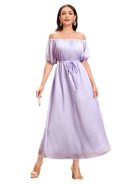 

off shoulder puff sleeve belted dress i0xt#, Black;gray