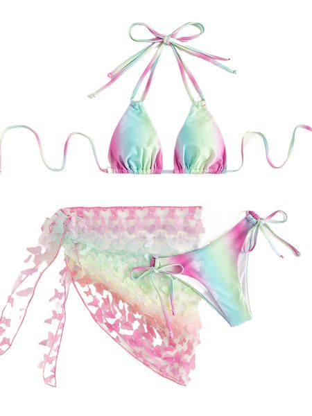 

ombre halter triangle bikini swimsuit with beach skirt y7pr#, White;black