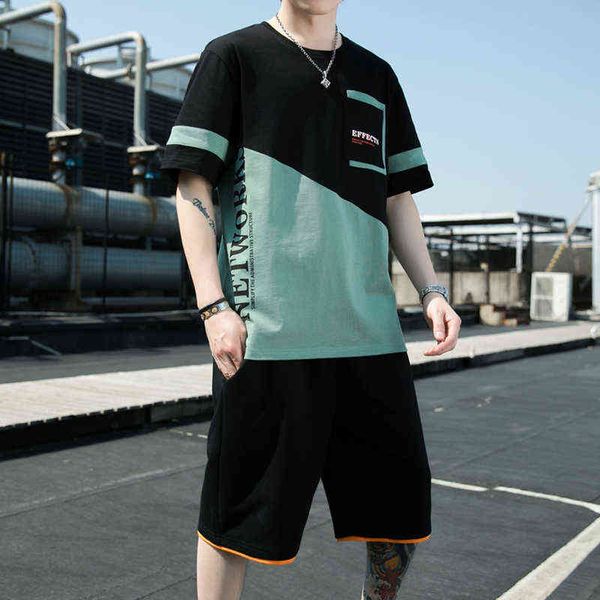 

2022 summer cotton tracksuit men patchwork short sleeve casual shorts sports sets mens fashion hip hop 2 piece suit streetwear, Gray