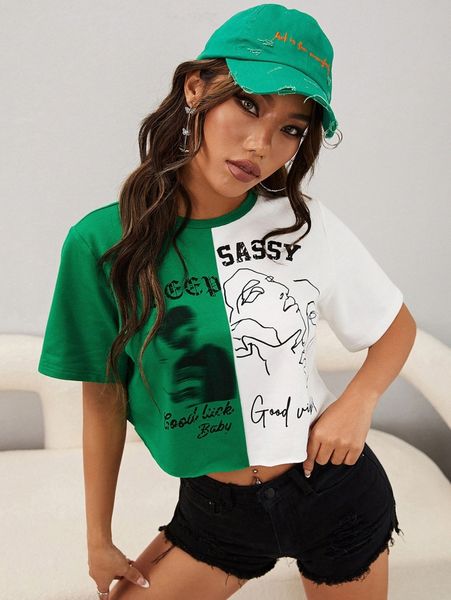 

slogan & figure graphic colorblock tee l9uo#, White