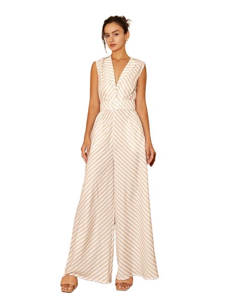 

striped lapel collar wide leg buckled belted jumpsuit r851#, Black;white