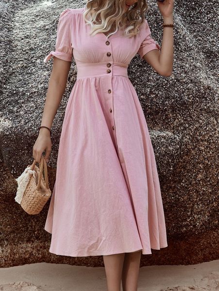 

button through knot detail high waist dress b4hq#, Black;gray