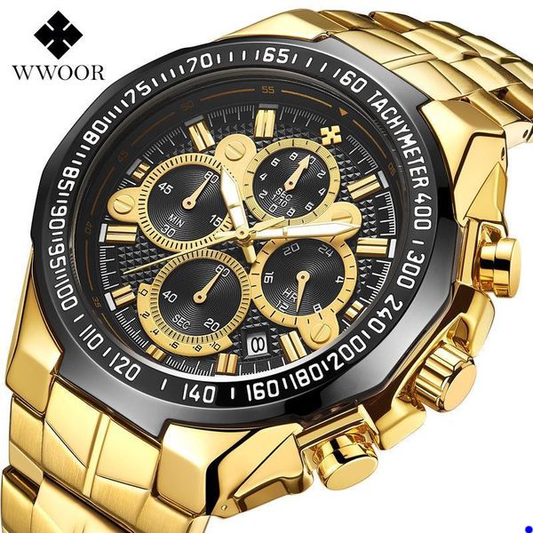 2022 WWOOR High Quality Watch Seven Needle Man Motion Secção Aço traga quartzo Water impermeável relógio Cronograph Watches Whadyes Wristwatches