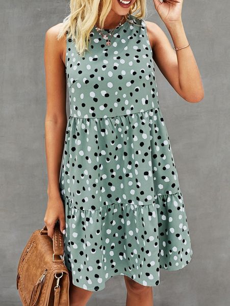 

polka dot sleeveless ruffle hem smock dress i2u4#, Black;gray