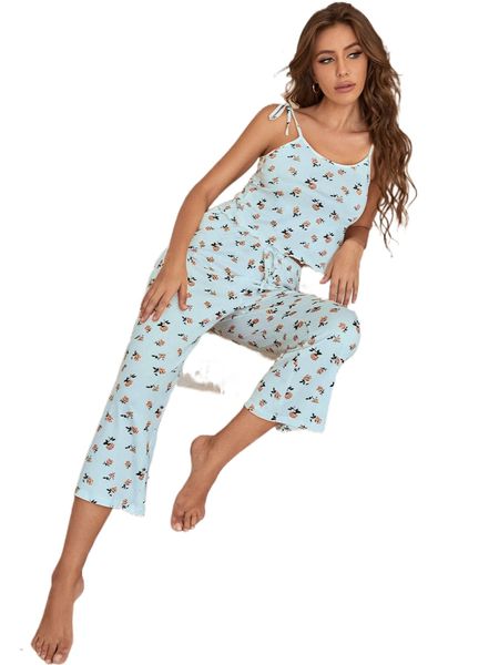 

allover floral print tie shoulder cami & pants pj set 77hn#, Black;red