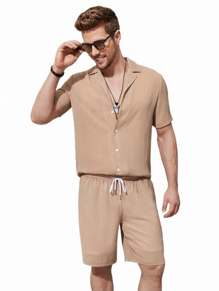 

men lapel collar shirt & drawstring waist shorts j9pw#, Gray