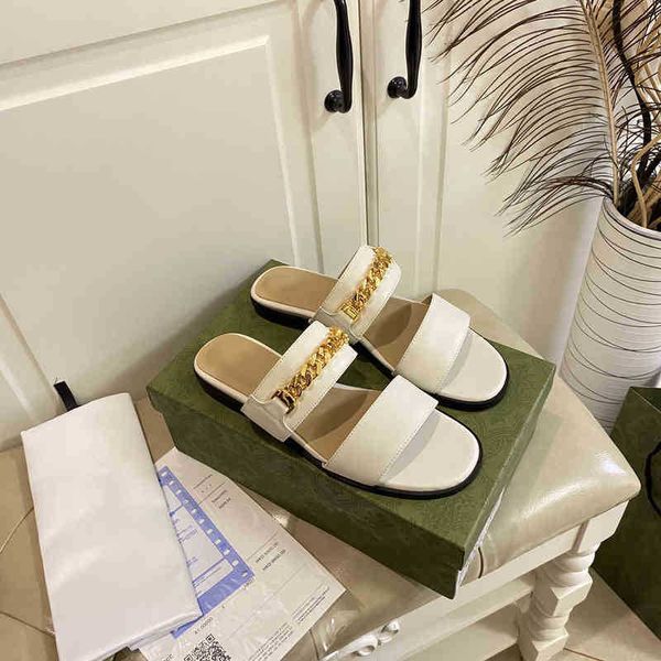 

28% off 2022 sandals size 35-43 summer for woman genuine leather designer 2022 metal decoration solid women slippers flat shoes3aic7i2i, Black