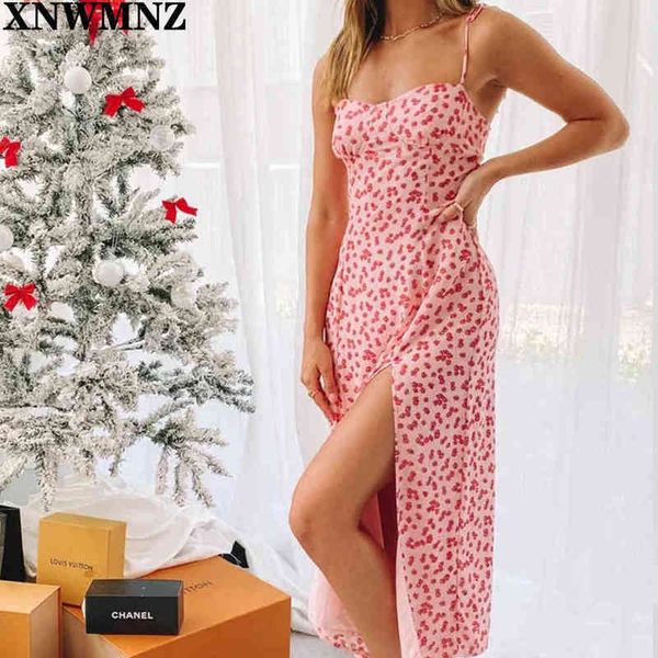 

xnwmnz women fashion chic pink daisy floral print midi dress retro spaghetti strap split dresses vestidos vintage robe 210513, Black;gray