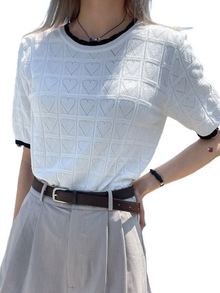 

dazy contrast trim pointelle knit 54c9#, White;black
