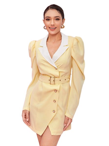 

x meng fei lin contrast lapel neck puff sleeve belted dress o2d5#, Black;gray