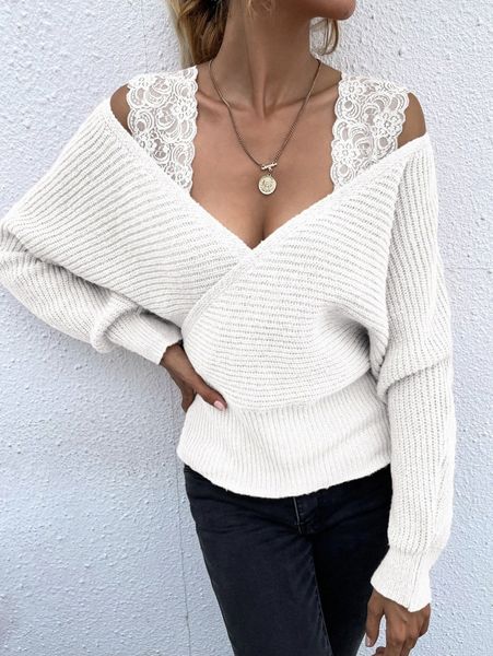 

lace strap cold shoulder dolman sleeve sweater y88g#, White;black