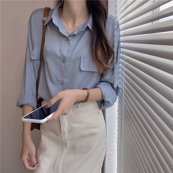 

women's blouses & shirts fashion shirt female loose korean long sleeve vintage women pockets casual blue black 6 colors haruku, White