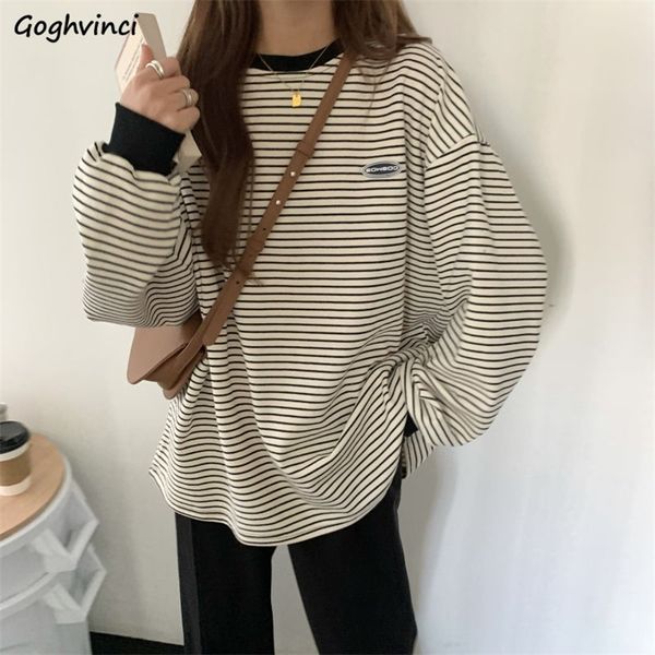 

women t shirts striped retro comfort slouchy long sleeve tees students boyfriend couple trendy females ulzzang 220728, White