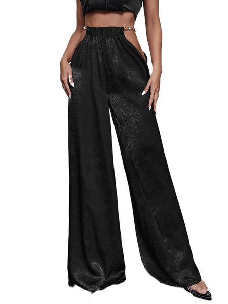 

solid high waisted chain detail cut out pants b5u4#, Black;white