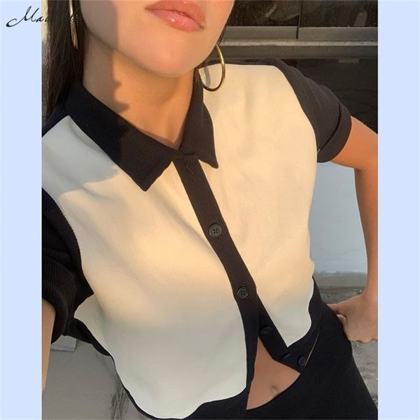 

macheda summer fashion hit color patchwork tees women knitting street casual short sleeve crop lady slim basic tee new 210311, White