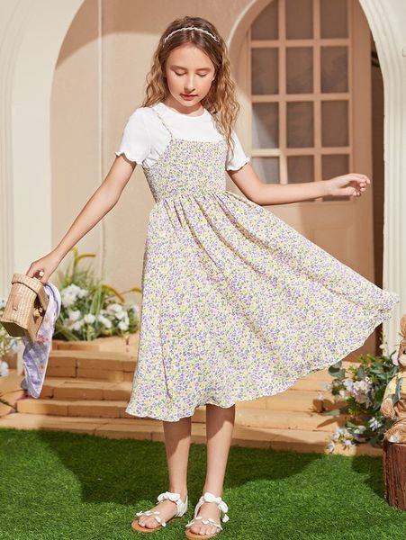 

girls 1pc lettuce trim & 1pc ditsy floral print shirred cami dress she, White