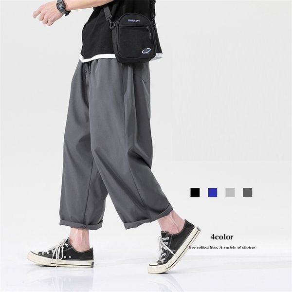 

summer cool straight harem pants men solid elastic waist loose wide joggers baggy anklelength pants dropshipping 4xl 5xl 210412, Black