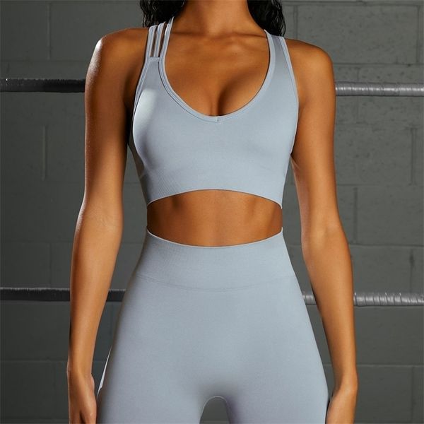 

seamless women yoga set workout sportswear gym clothing fitness crop hight waist leggings suits 220317, Gray