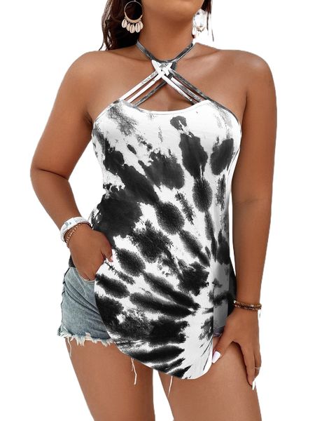 

plus tie dye tie backless asymmetrical hem halter 80k8#, Black