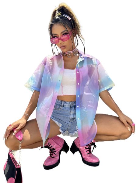 

ombre drop shoulder organza blouse without tank f3tf#, White