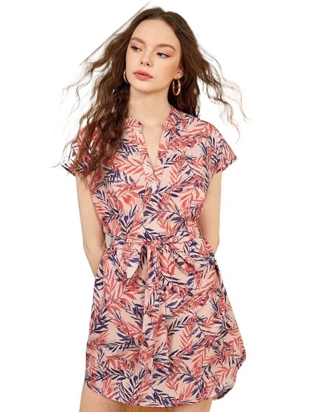 

x leonie somes tropical print batwing sleeve belted popover dress f8q4#, Black;gray