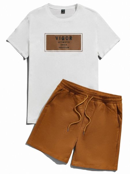 

men letter graphic tee & drawstring waist shorts 48ti#, Gray