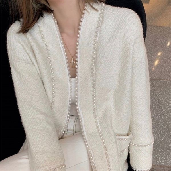 

runway double pearls beading tweed jackets women's autumn coats tweed cardigan jackets french casual 220817, Black;brown