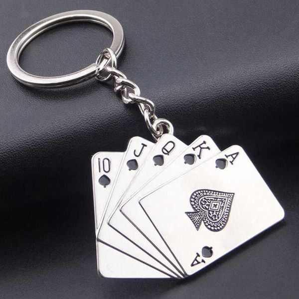 

keychains for men car bag keyring stainless steel jewelry straight flush texas hold'em poker playing cards gift fashion, Silver